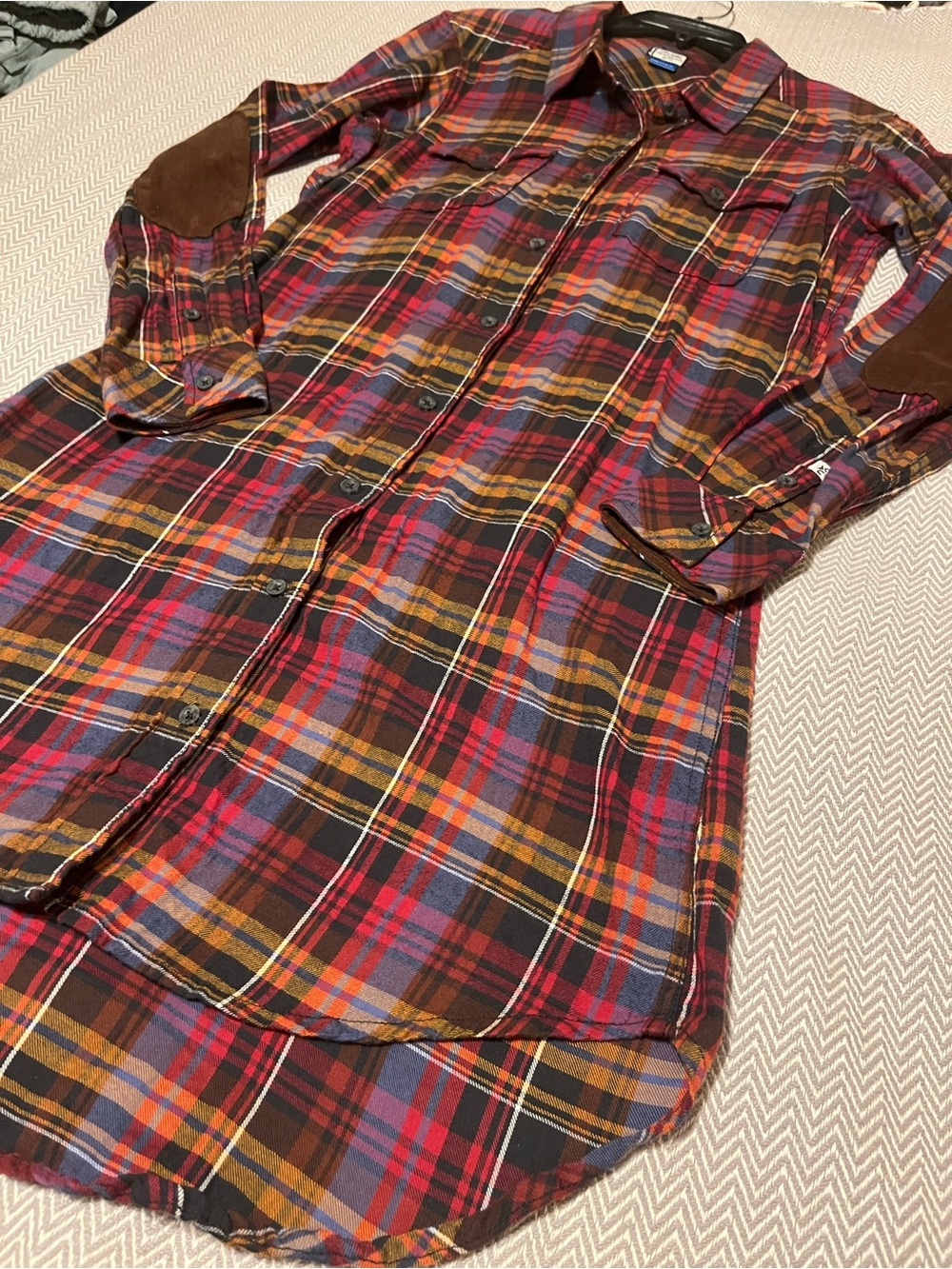 Kavu Vibrant Plaid Button-Front Flannel Shirt Dress with Corduroy Elbow Patches. - Picture 2 of 8